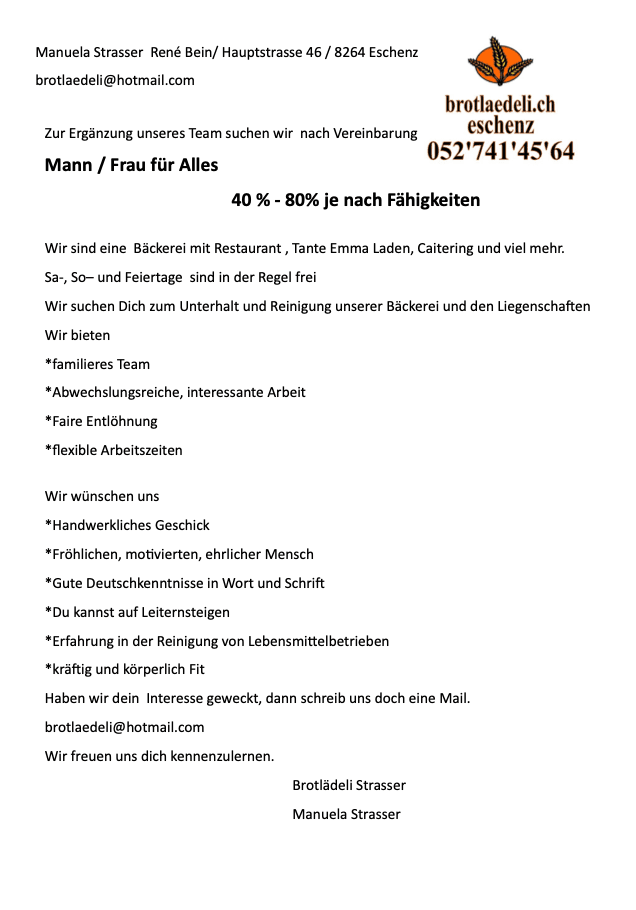 Job-Tipp aus unserer Region: Das Brotlädeli Strasser sucht Verstärkung!